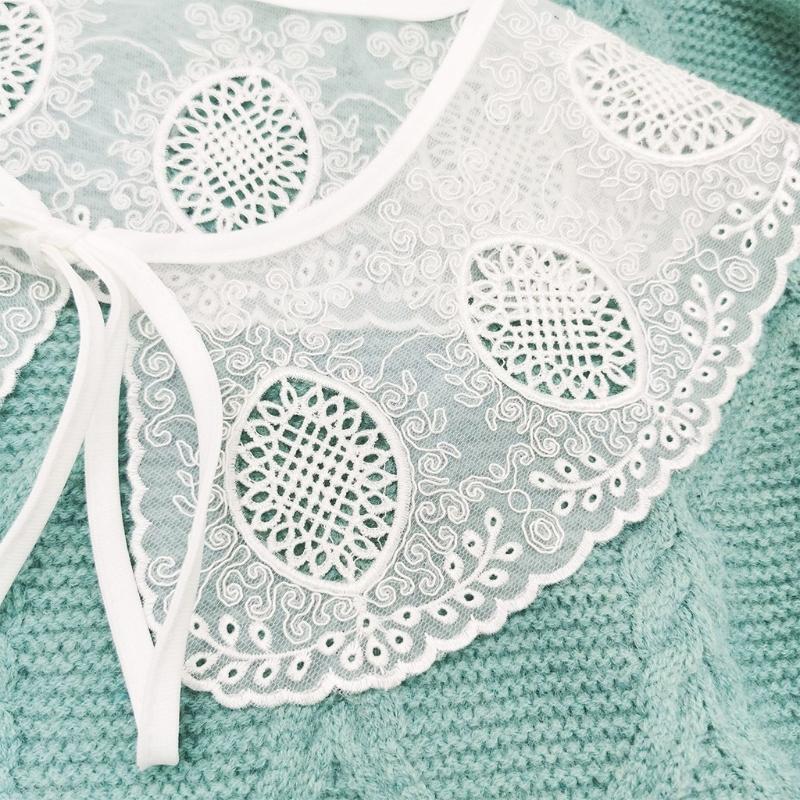 Women Scalloped Trim False Collar Shawl Embroidery Leaves Floral Bow Scarf Cape