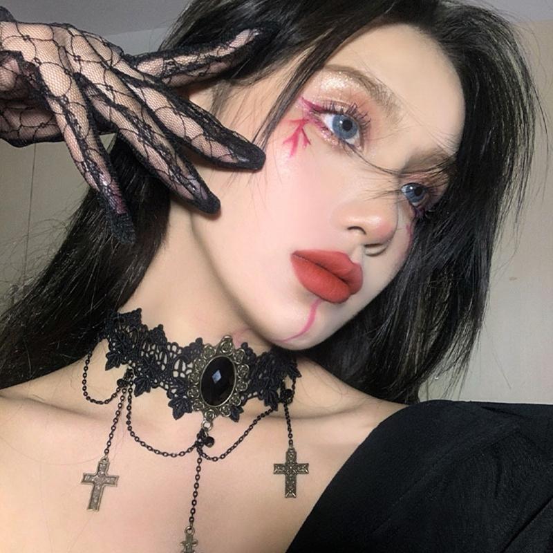 Gril Gothic Punk Metal Crucifix Choker Collar Necklace Lolita Lace Choker Collar