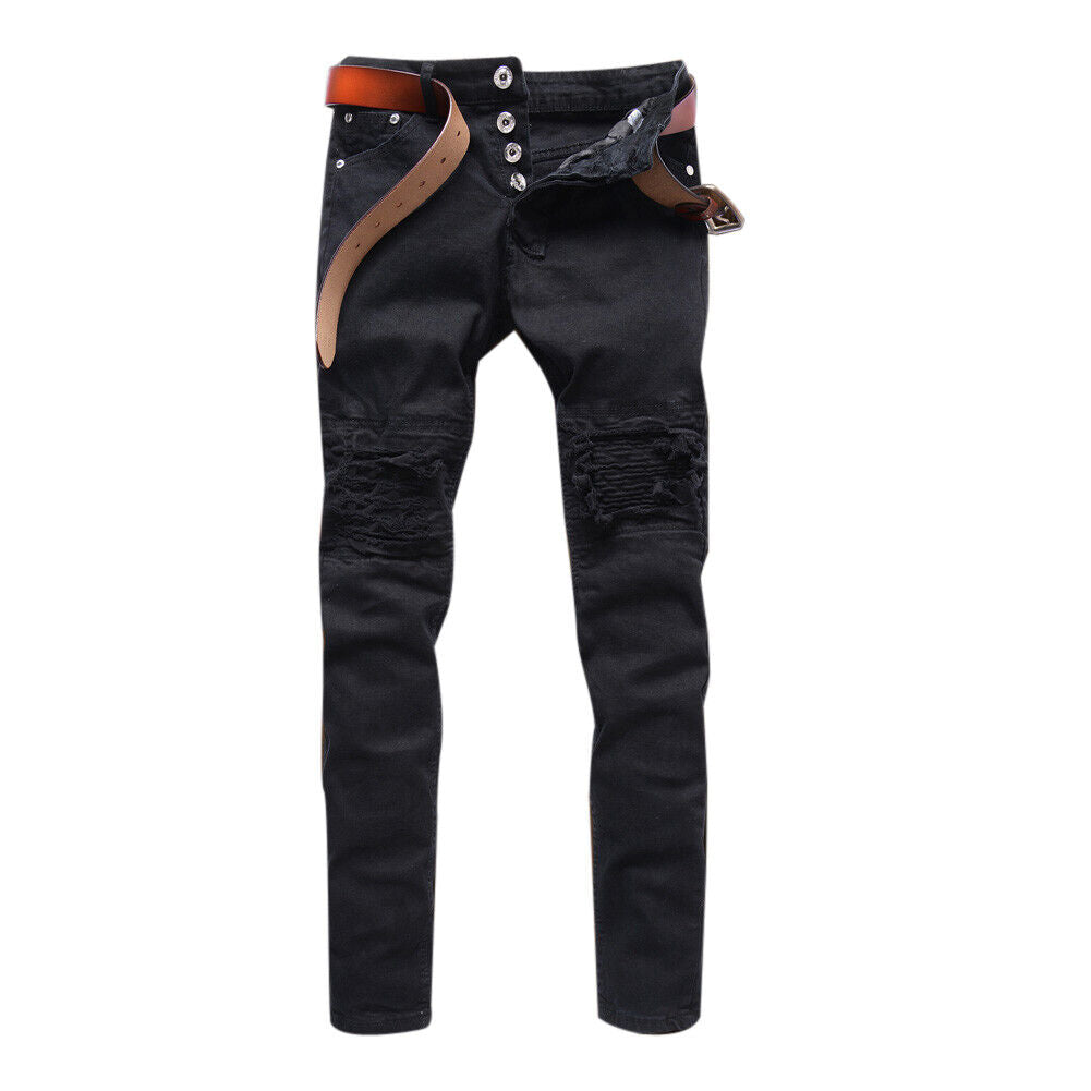 Men Ripped Biker Classic Skinny Straight Pure Cotton Trouser (Black)(32)-12