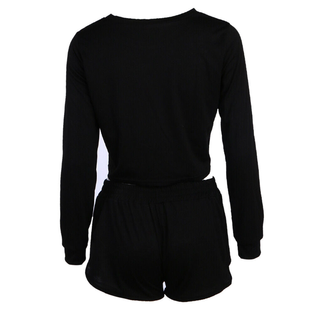 Women Sports Suit Letter Print Black Tops Short Pants Tracksuits (XL)
