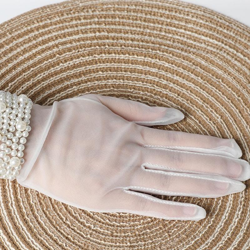 Bridal Gloves White Tulle with Beads Opera Party Short Gloves 8.6" Wrist Length