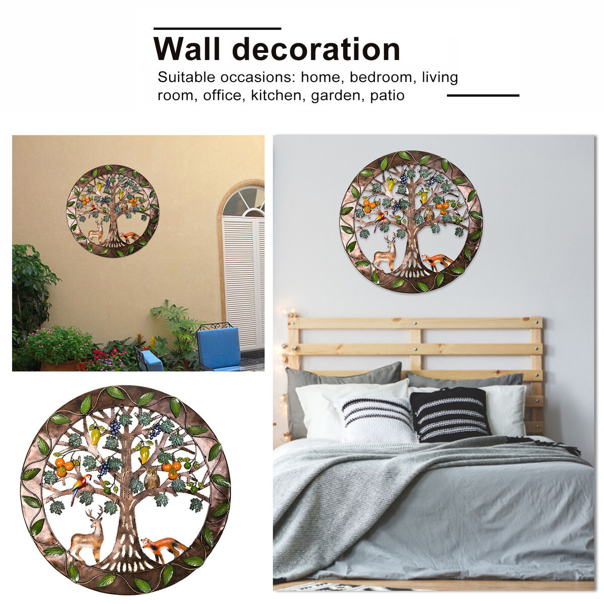 Iron Wall Sculptures-Metal Round Wall Decor with Tree Deer Fox Home Decor