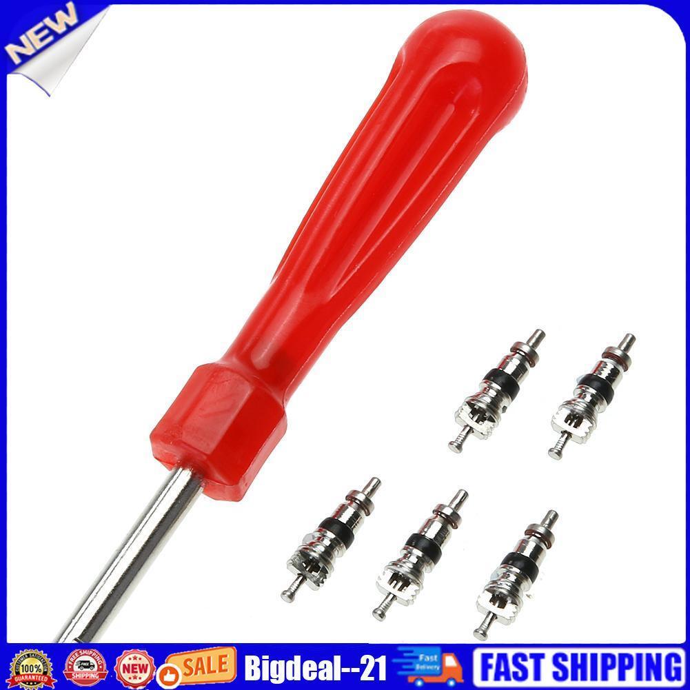 Valve Core Removal Tool Screw Driver Tire Repair Wrench with 5 Valve Cores