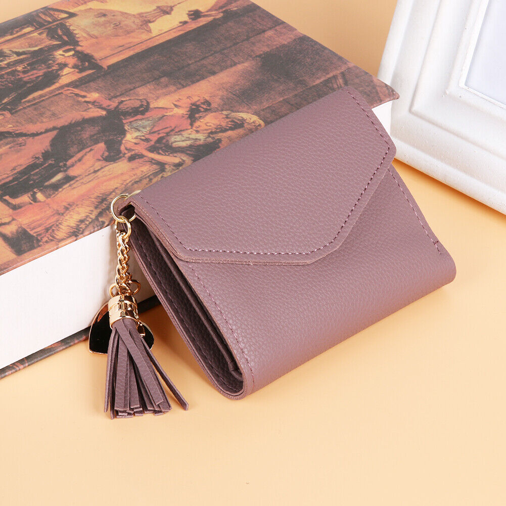 Women PU Leather Short Folding Wallet Tassel Card Coin Purse(Bean Red)