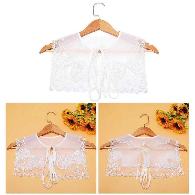 Women Double Layer Organza Collar Shawl Hollow Out Embroidery Bowknot Scarf Cape