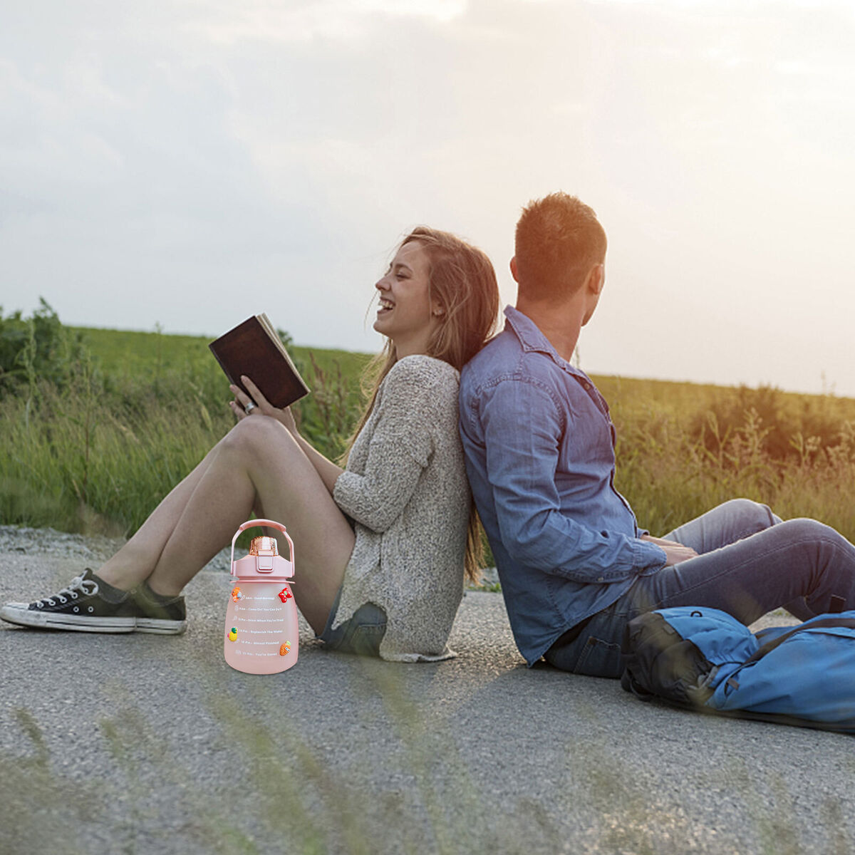 Water Bottle - Cute Belly Bottles Water Jug with Time Marker 1.3L (Pink)