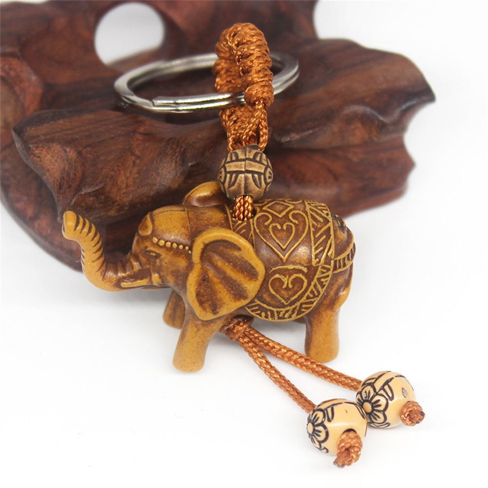 Animal Shape Elephant Carving Pendant Key Ring Wooden Keychain Key Holder