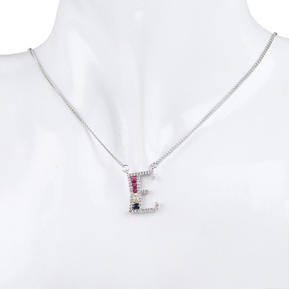 Women Necklace A-Z Letters Colored Diamond Pendant Chain Gift Jewelry (E