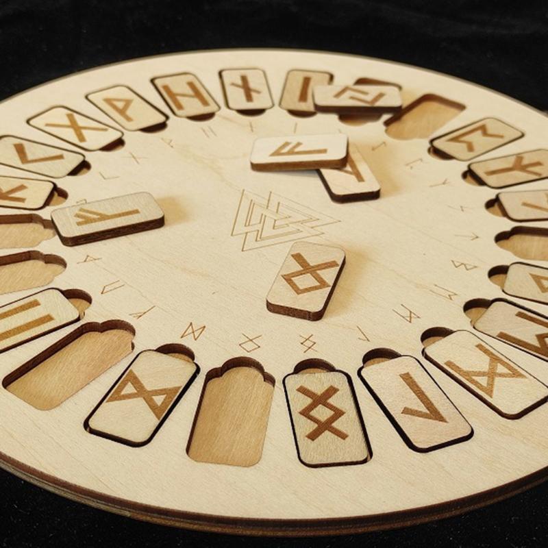 Wooden Runes Divination Engraved Board Wiccan Symbols Signs Altar Round Tile