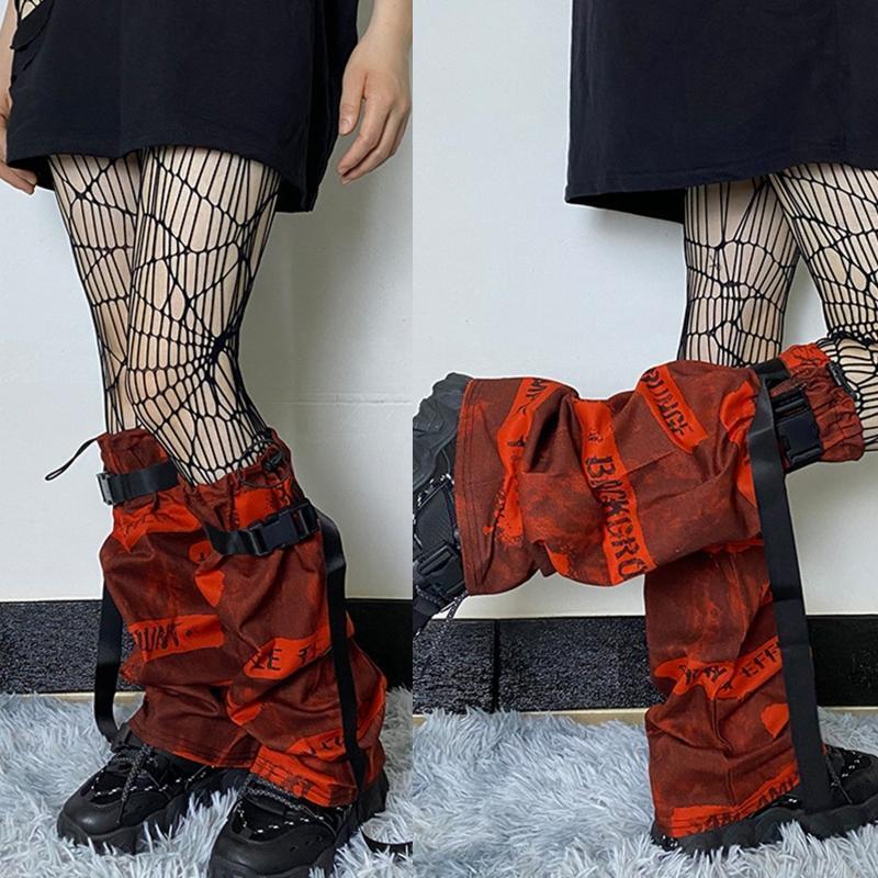 Women Punk Red Letters Leg Warmers with Buckle Belt Gothic Loose Foot Cover Sock