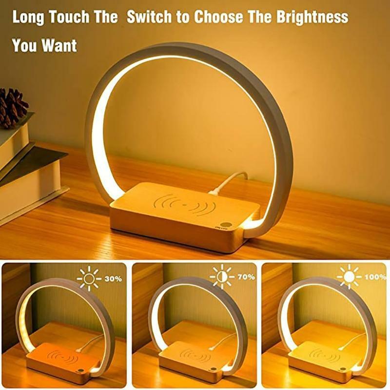 Wireless Charger Wood LED Table Lamp with Touch Control Eye-Caring Reading Light