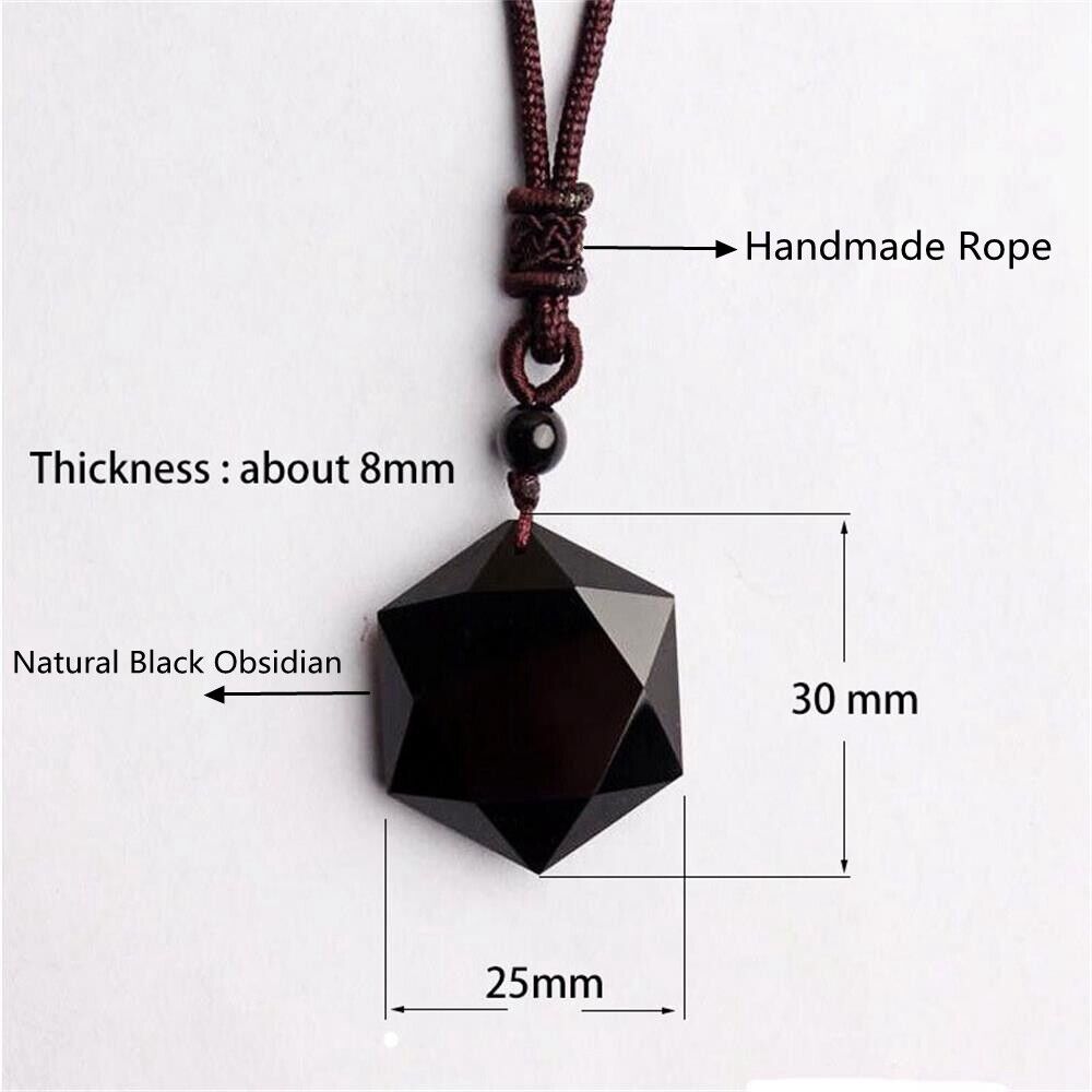 Men Blessing Jewelry Lucky Obsidian Pendant Necklace Amulet Hexagram Shape