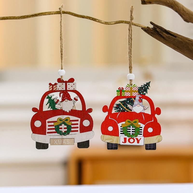Christmas Wooden Car Pendants Set of 6 Wood Ornament Window Wall Door Decoration