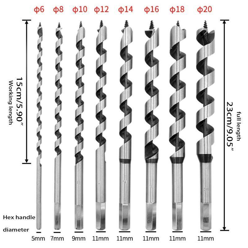 6-20mm Durable High Carbon Steel Hex Shank Long Auger Drill Bit Set 8 Pieces