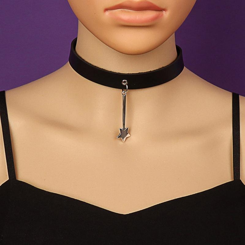 Adjustable Leather Choker Collar Soft Star Shaped Pendant Punk Choker Necklace
