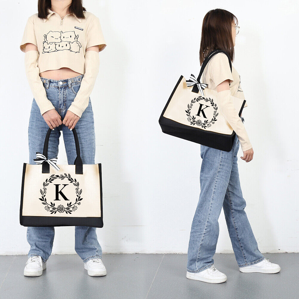 Letter Canvas Bag Women Hit Color Simple Shoulder Shopping Tote Handbag (K)