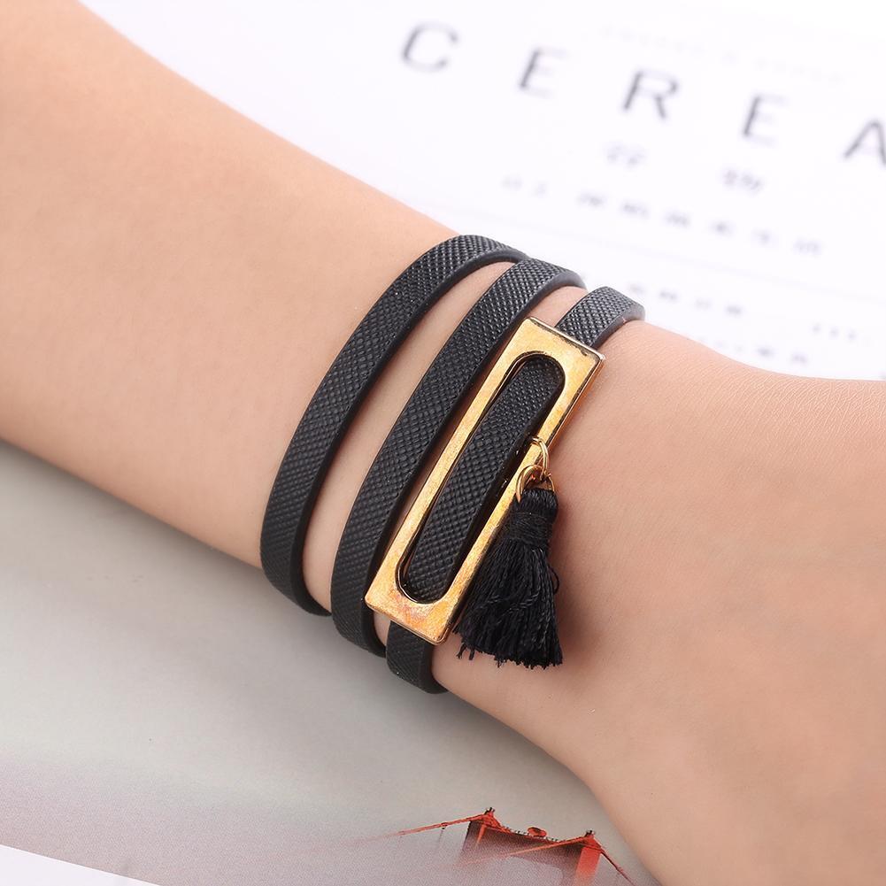 Multilayer Leather Wrap Bracelet Tassel Bangle Women Men Jewelry(Black)