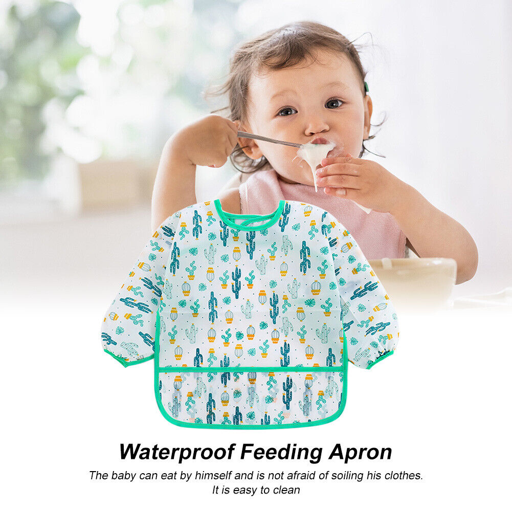 Baby Feeding Bibs Kids Waterproof Long Sleeve Coverall (0-3Years Cactus)