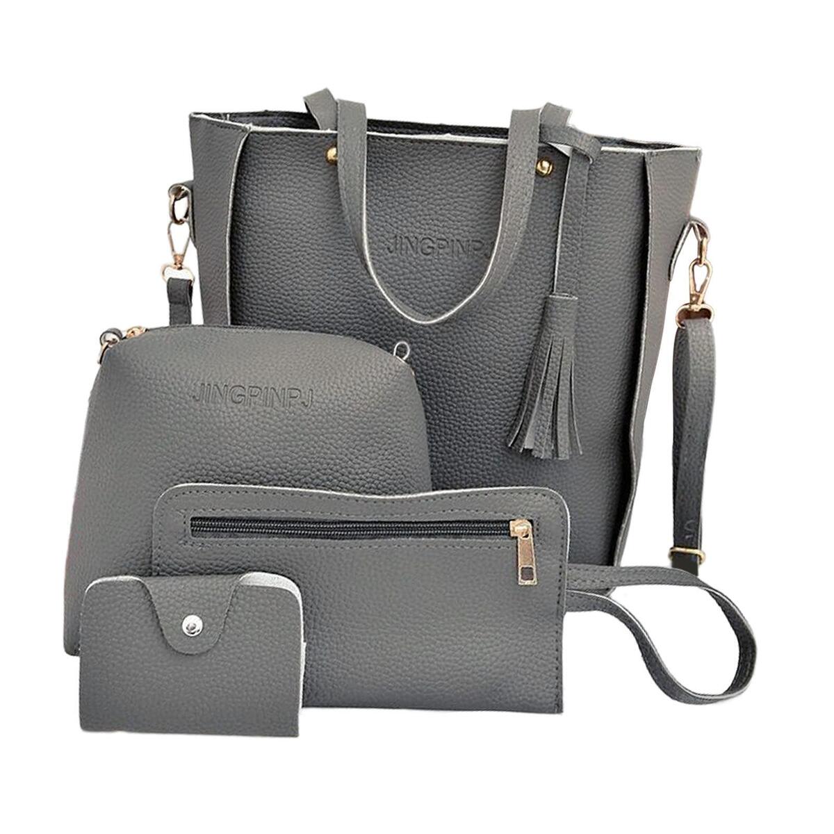 2 Set Women PU Leather Handbags Set Zipper Closure Gray+Khaki