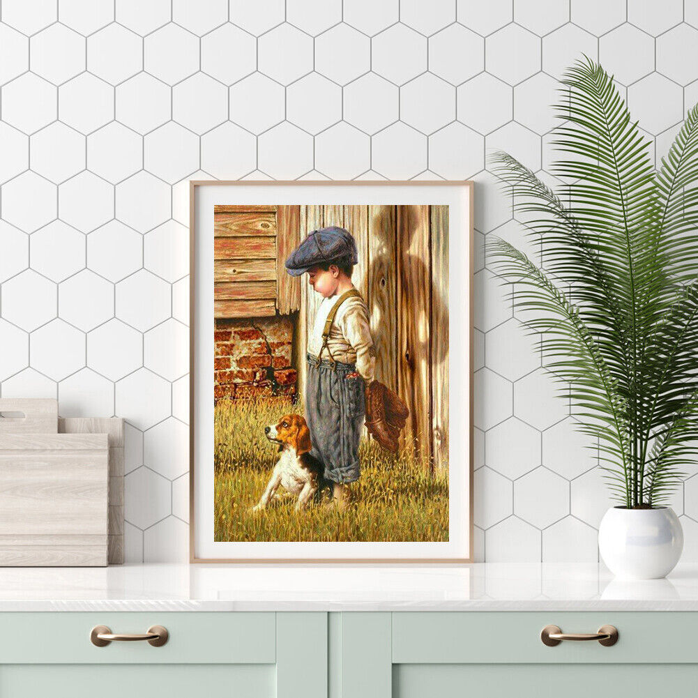 Little Boy and Dog Picture Rhinestone Full Round 5D DIY Diamond Painting