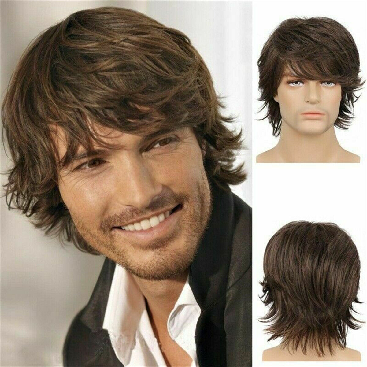 Men Daily Use Wig Medium Brown Toupee Short Natural Capless Hair wigs Fashion