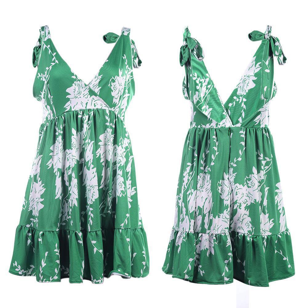 Sleeveless Floral Print Dress Women Deep V Neck Backless Halter Dress(XL)