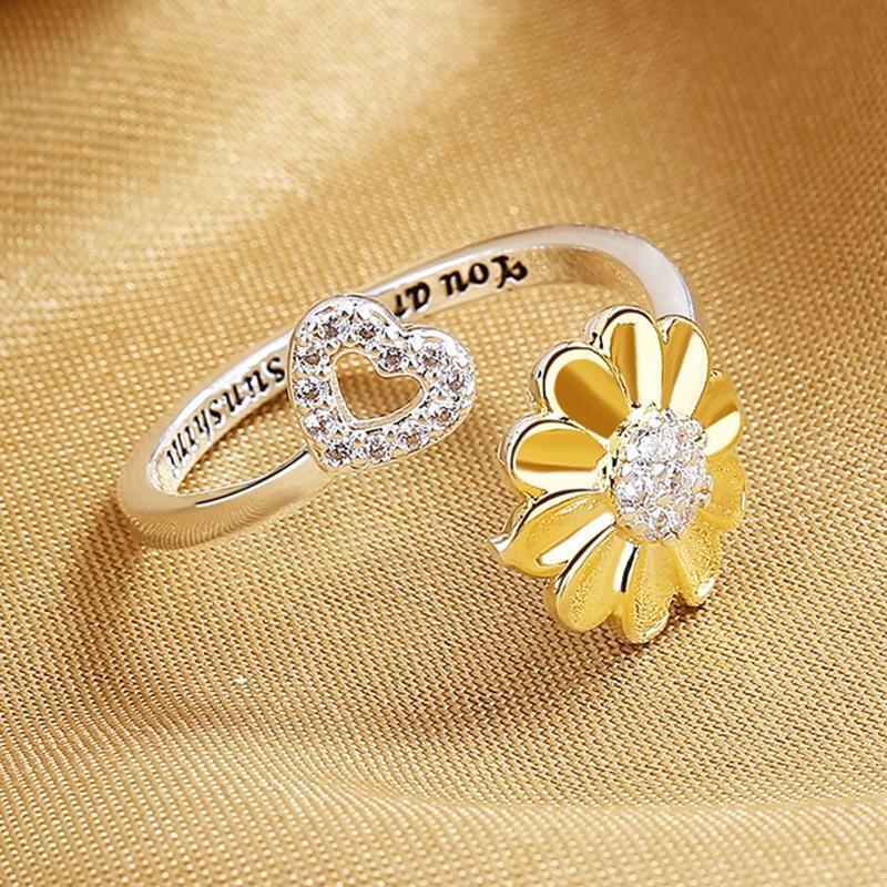 Eternity Sunflower Cute Leaf Open Ring Engagement Friendship Rings for Girl