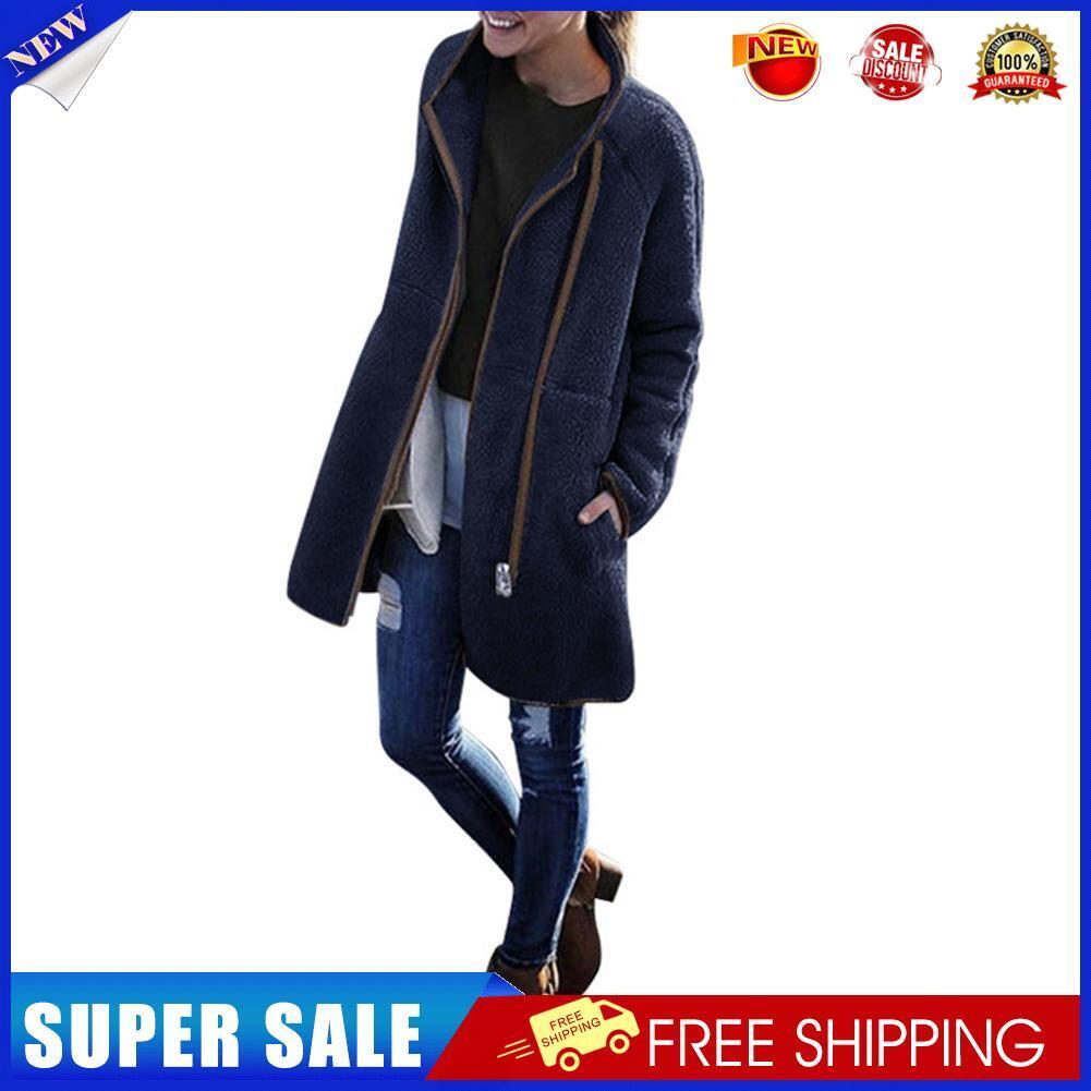Splicing Color Long Sleeve Coat High Neck Women Zip Outwear (Dark Blue XL)