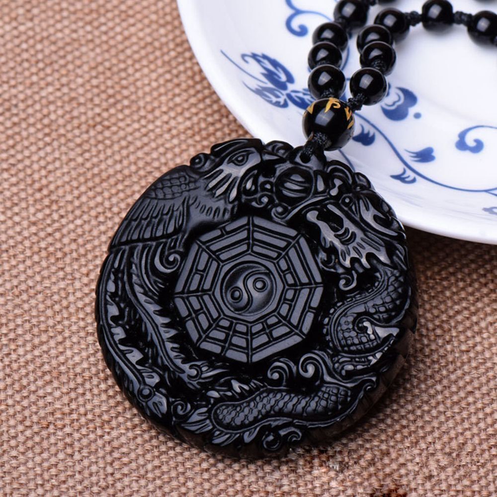 Reiki Handmade Lucky Pendant Obsidian Necklace Dragon Phoenix Carved BaGua