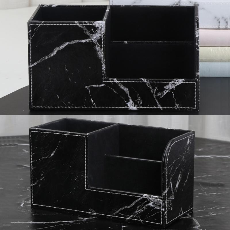 Black Marble Leather Desk Stationery Organizer Pen Pencil Holder Remote Control