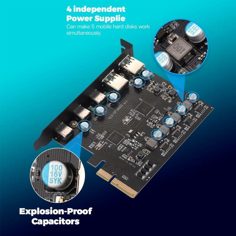 5 Ports USB 3.2 PCI Express Adapter Card Type C PCI-E Expansion PCIE USB 3.2 HUB