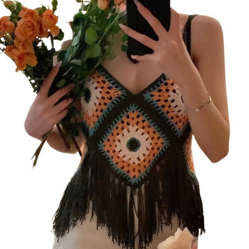 Women Sleeveless Camisole Boho Crochet Colorblock Plaid V-Neck Tassel Crop Top