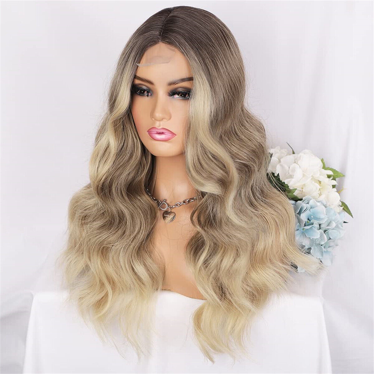 Fashion Womens Long Wavy Curly Hair Wig Ombre Blonde Synthetic Hair Full Wigs