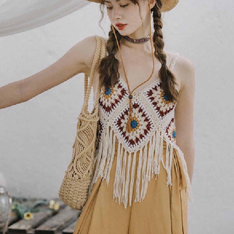 Women Boho Crochet Sleeveless Crop Top Tassel Hem V-Neck Diamond Plaid Camisole