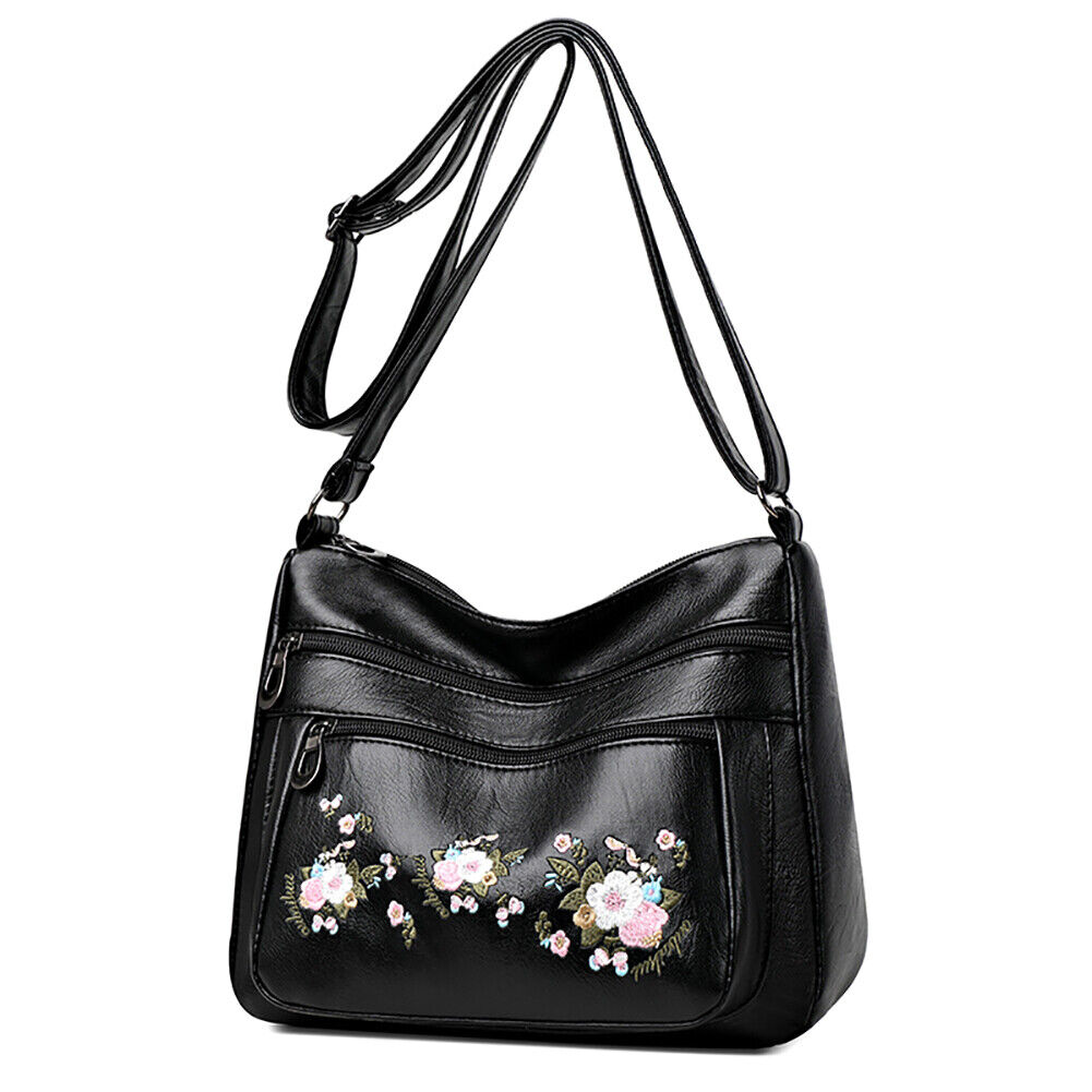 Women Embroidery Flower Crossbody Bag Zipper Multi-layer Bag (Black)