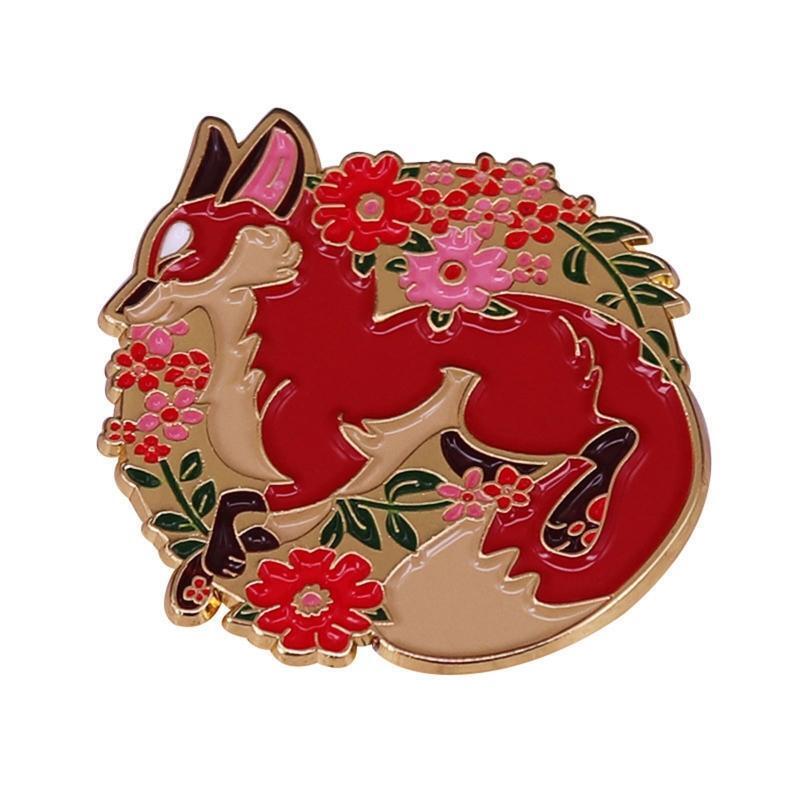 Cute Red Fox Animal and Wildflower Brooch Enamel Pins Accessory for Backpacks