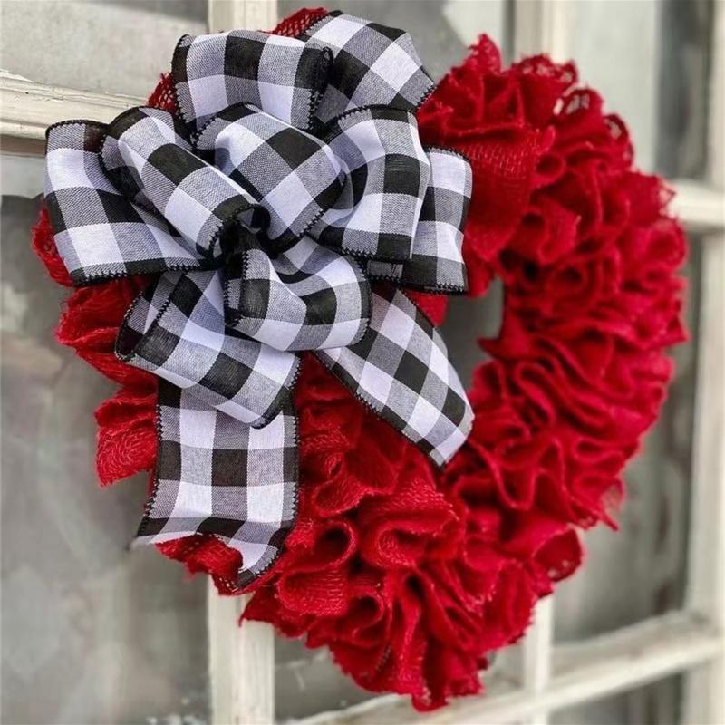 Valentine's Day Red Heart Wreath Black White Plaid Bowknot Hanging Garland