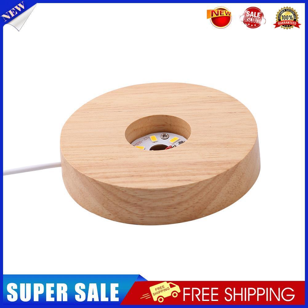 Round Wooden LED Lights Display Stand Holder Lamp Base Desktop Art Ornament