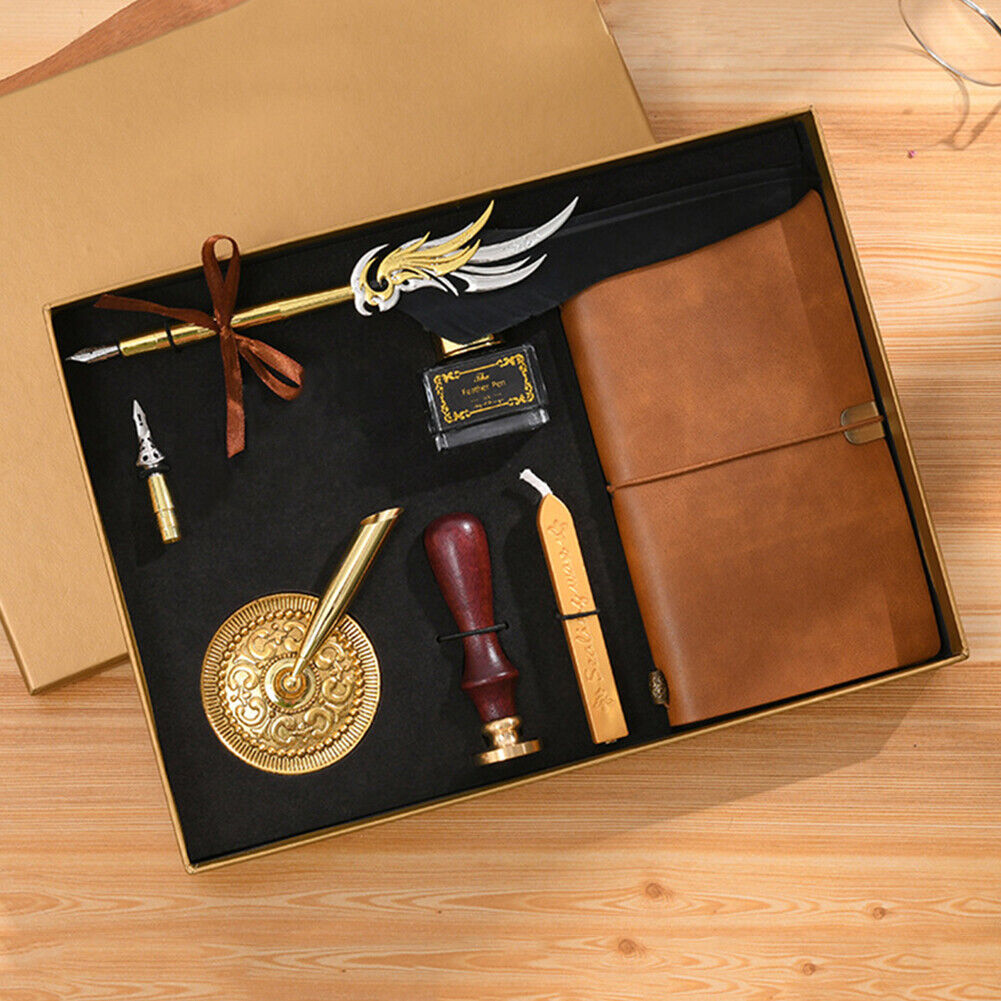 Notebook Ink Bottle Calligraphy Feather Dip Pen Set Stationery Box (Black)