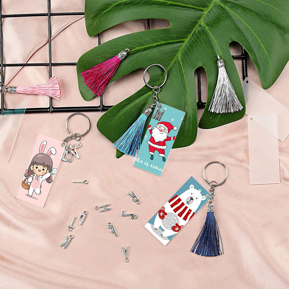 Clear Keychain Tassels Charms Blanks and Letter for DIY Keychain Bracelet