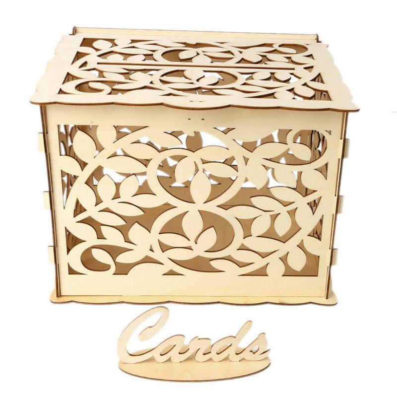 DIY Wedding Gift Leaf Wooden Card Money Box Case With Lock Rustic Beautiful