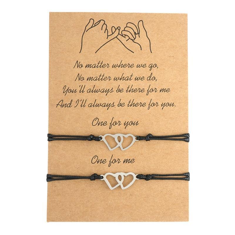 Creative Stainless Steel Heart-shaped Waxed Braided Card Bracelet 2-piece Set