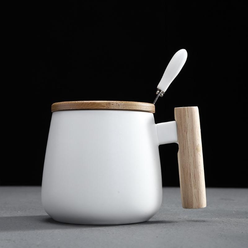 Wooden Handle Ceramic Mug Home Office Tea Milk Coffee Cup with Lid Spoon Teacup