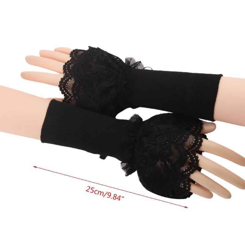 Women Double Layer Ruffles Lace Patchwork Arm Warmers Knitted Fingerless Gloves