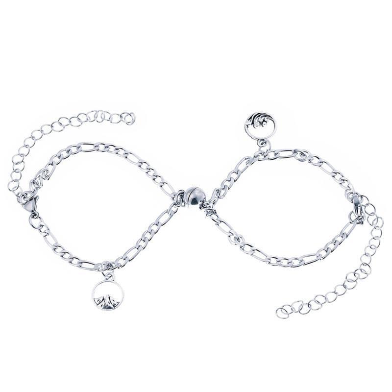 2Pieces Cuban Chain Couples Bracelets Matching Bracelets Magnet Round Bracelet