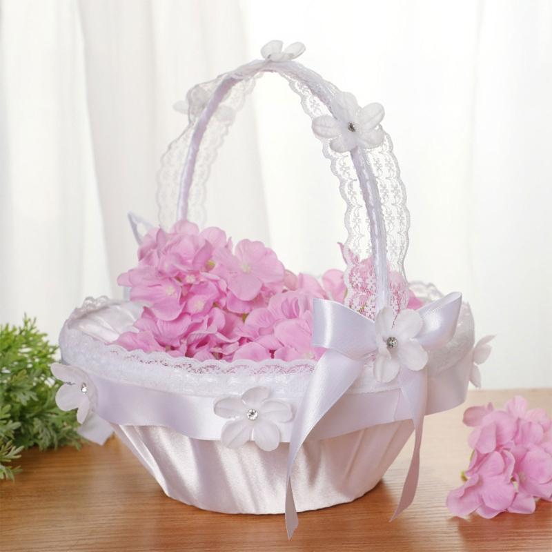Flower Girl Basket with Removable Lace Handle for Wedding Faux Flowers Decor