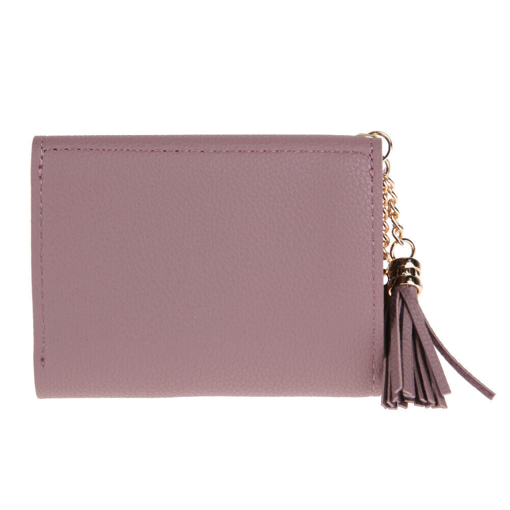 Women PU Leather Short Folding Wallet Tassel Card Coin Purse(Bean Red)