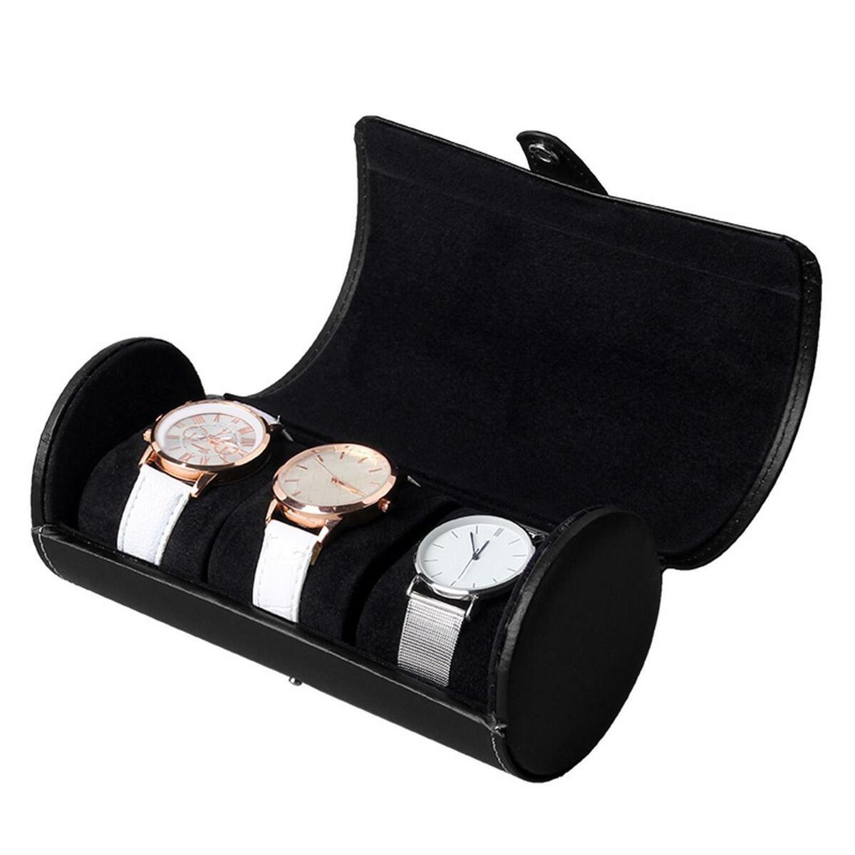 3 Slot PU Leather  Display,Cylinder Wristwatch Case Organizer