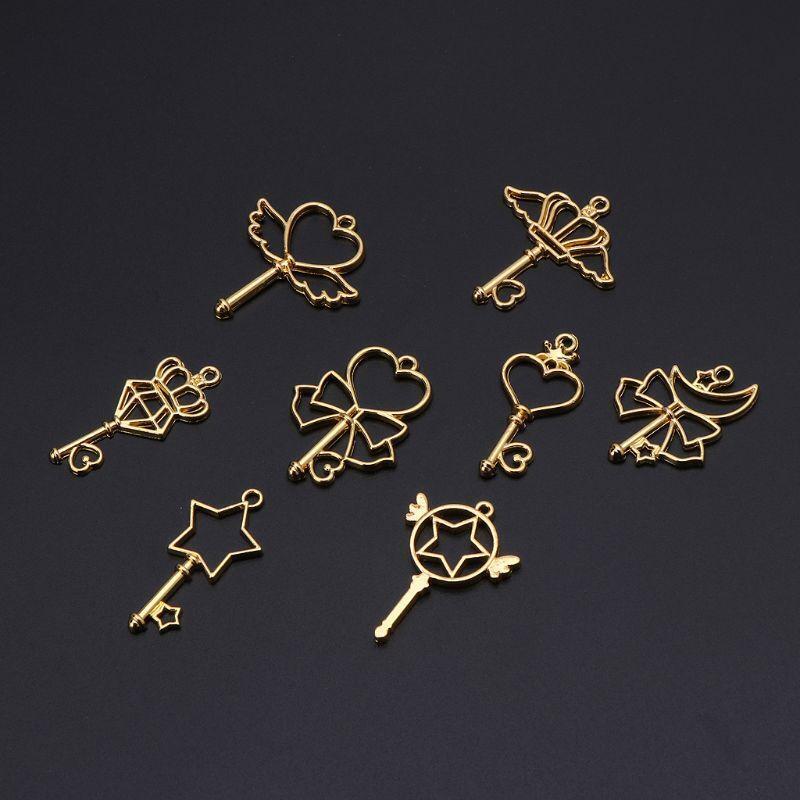 8 Pieces Exquisite Open Bezel Pendants Charms Wand Heart Key Shape Hollow Charm