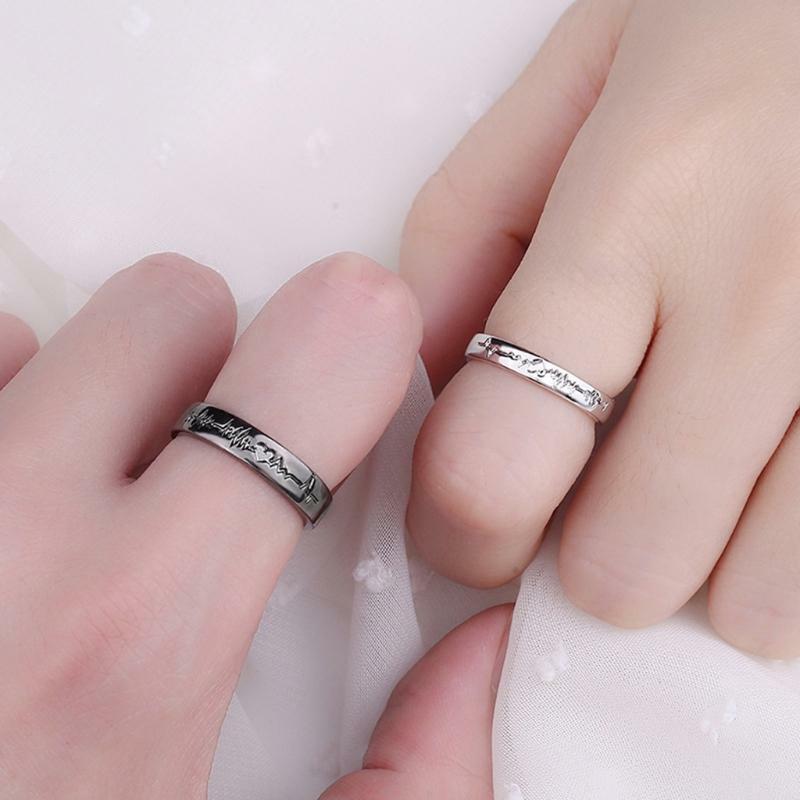 2Pcs Love Heart Ecg Couple Open Rings for Women Men Lover Couple Engagement Gift